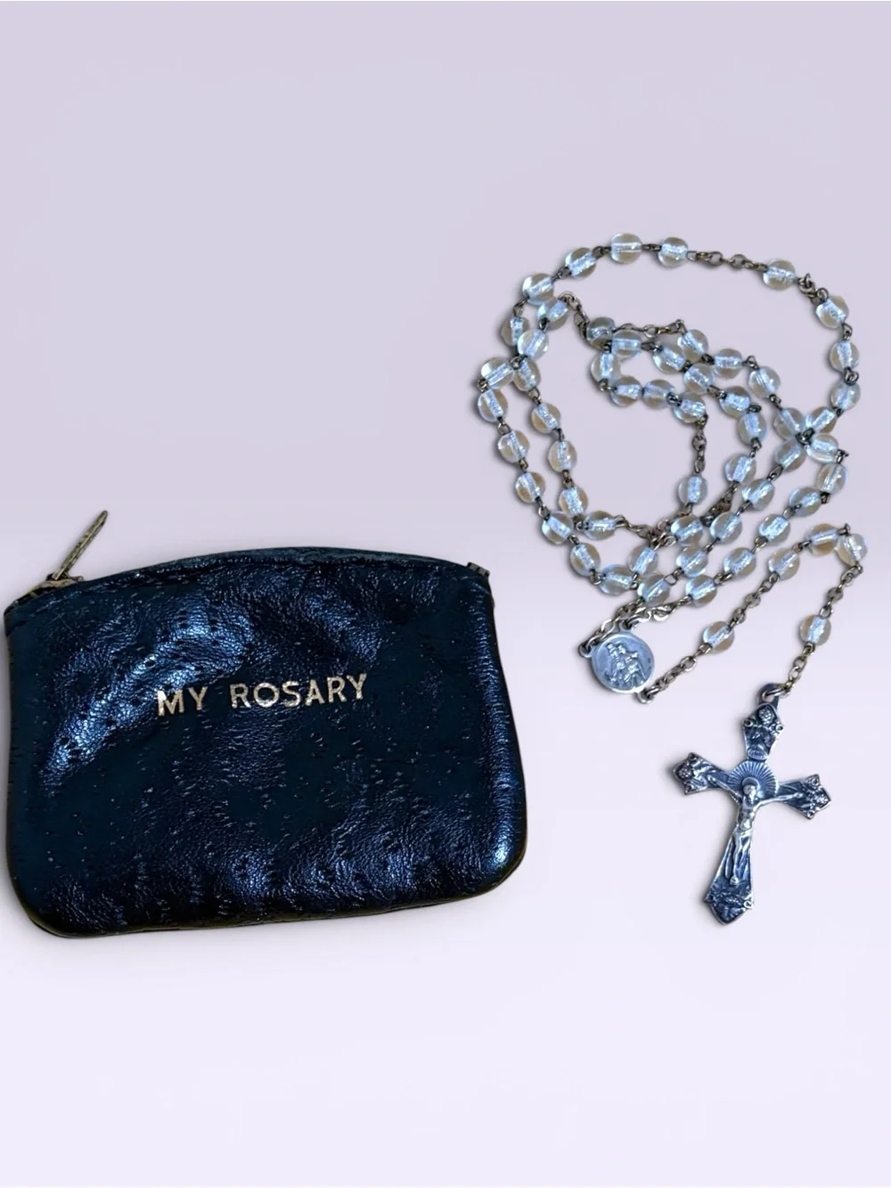 Vintage Clear Glass Beads Rosary With Leather Case Italy Crucifix Medal